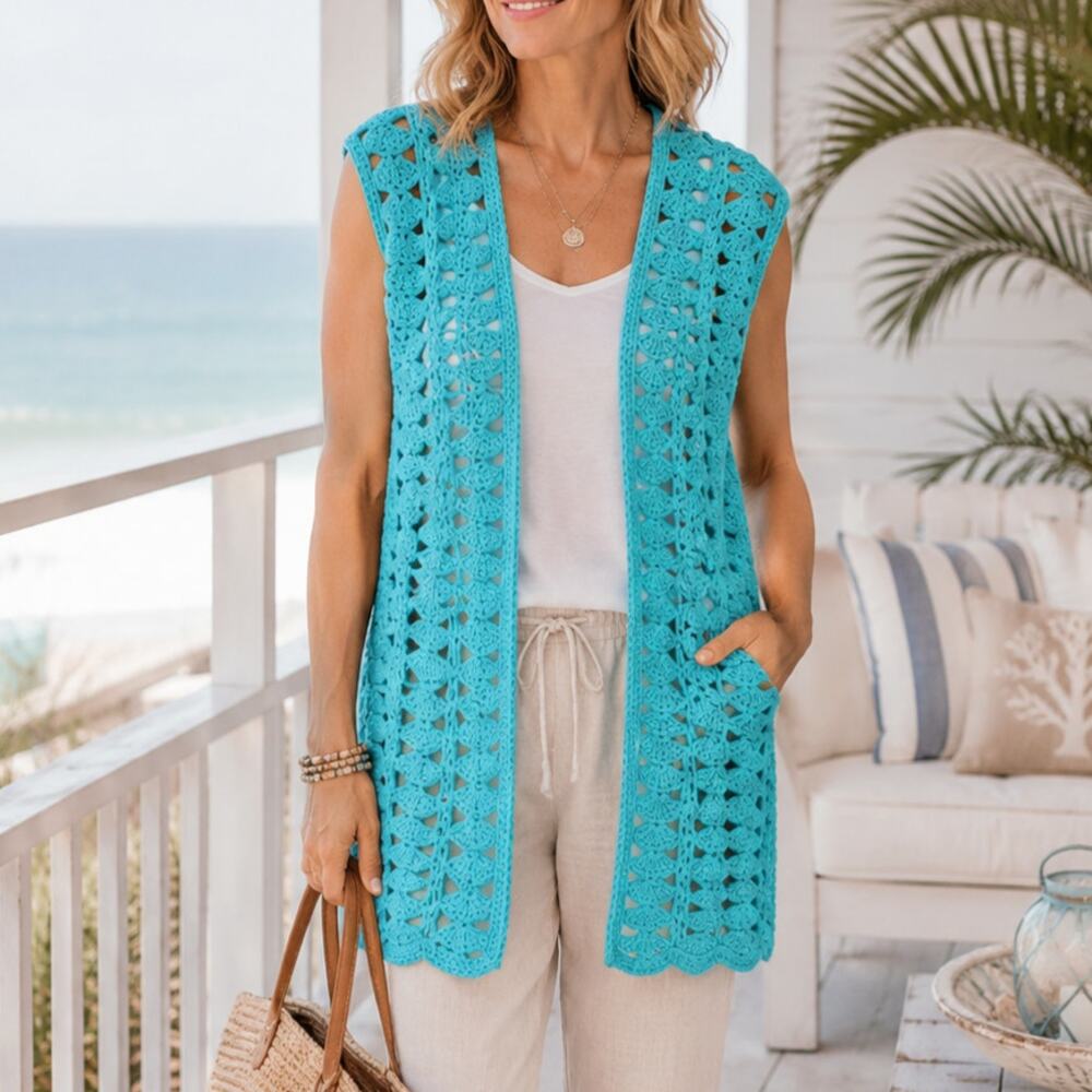 Hand Knit Open Front Cardigan Vest Women's Size OS Aqua Long Boho Casual